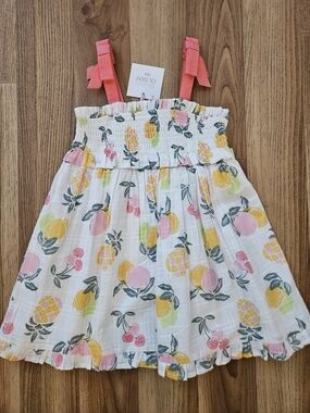 Sigrid Olsen White Cotton Fruit-Print Dress with Coral Straps